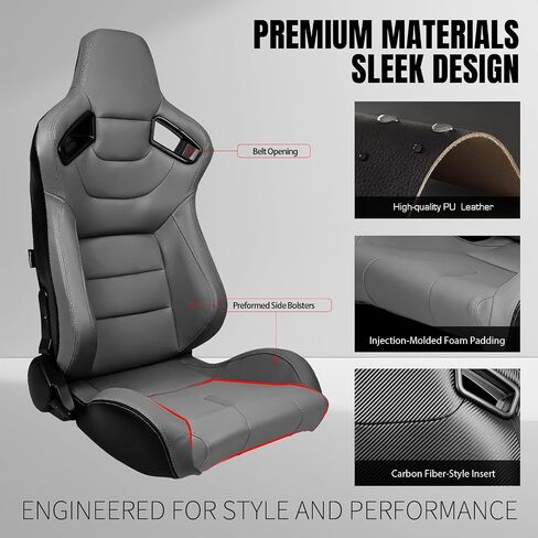 IKON MOTORSPORTS, Universal Racing Seats with 14" Dual Sliders, Grey PU W/Grey Stitching & Carbon Leather Back Reclinable Sport Bucket Seats for Cars, 1 Pair Driver Passenger Side 2PC in Kuwait