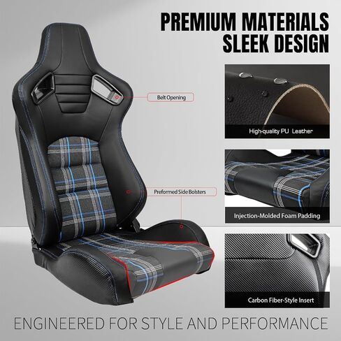 IKON MOTORSPORTS, Universal Racing Seats with 14" Dual Sliders, Grey PU W/Grey Stitching & Carbon Leather Back Reclinable Sport Bucket Seats for Cars, 1 Pair Driver Passenger Side 2PC in Kuwait