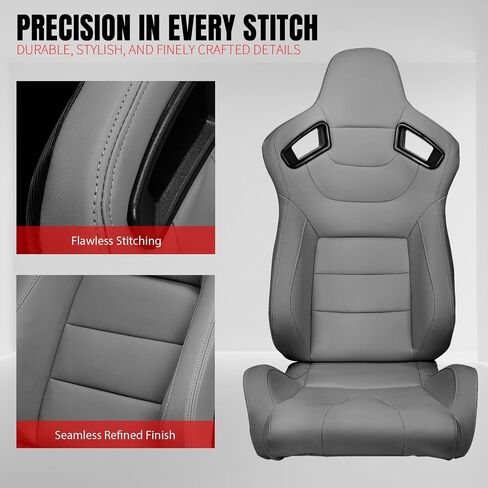 IKON MOTORSPORTS, Universal Racing Seats with 14" Dual Sliders, Grey PU W/Grey Stitching & Carbon Leather Back Reclinable Sport Bucket Seats for Cars, 1 Pair Driver Passenger Side 2PC in Kuwait