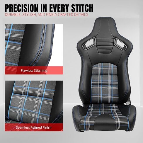 IKON MOTORSPORTS, Universal Racing Seats with 14" Dual Sliders, Grey PU W/Grey Stitching & Carbon Leather Back Reclinable Sport Bucket Seats for Cars, 1 Pair Driver Passenger Side 2PC in Kuwait