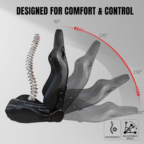 IKON MOTORSPORTS, Universal Racing Seats with 14" Dual Sliders, Grey PU W/Grey Stitching & Carbon Leather Back Reclinable Sport Bucket Seats for Cars, 1 Pair Driver Passenger Side 2PC in Kuwait