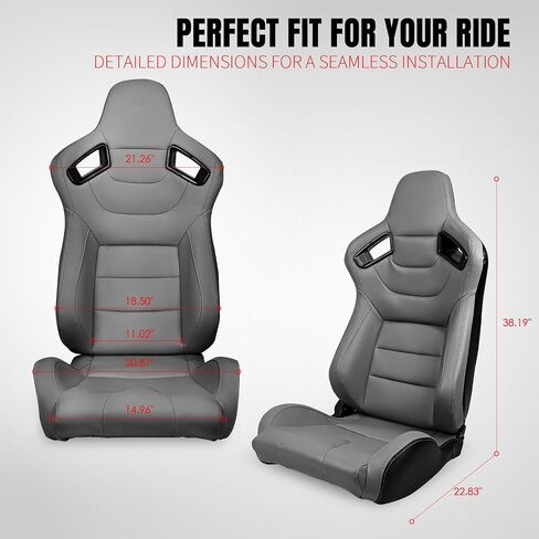 IKON MOTORSPORTS, Universal Racing Seats with 14" Dual Sliders, Grey PU W/Grey Stitching & Carbon Leather Back Reclinable Sport Bucket Seats for Cars, 1 Pair Driver Passenger Side 2PC in Kuwait