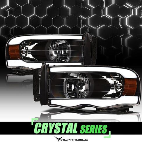 Alpha Owls 8710180 Projector Headlights With Switchback Sequential LED Bar & Startup Light - Black Amber Fits 2002-2005 Dodge Ram 1500/2003-2005 2500 3500 in Kuwait