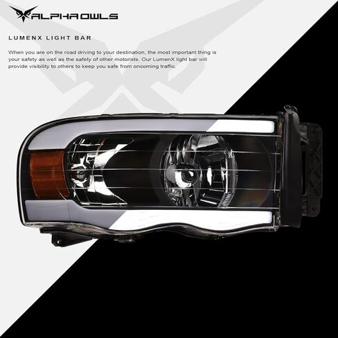 Alpha Owls 8710180 Projector Headlights With Switchback Sequential LED Bar & Startup Light - Black Amber Fits 2002-2005 Dodge Ram 1500/2003-2005 2500 3500 in Kuwait