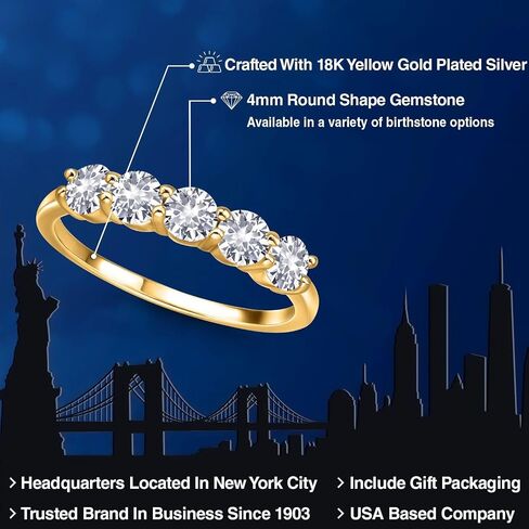 GEM Stone King 18k صفراء الذهب مطلي بالفضة 4 ملم جولة الأحجار الكريمة الحجر المولد الخاتم 5-Stone Band Band | خمسة مشاركة حجرية الوعد خاتم الوعد للنساء | متوفر في الحجم 5 ، 6 ، 7 ، 8 ، 9 in Kuwait