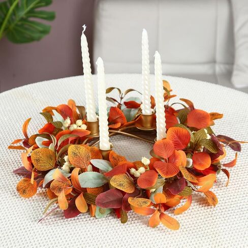 12 inch Fall Candle Wrath Thanksgiving Day Candle 4 Candles Holder with Maple Leaves Pumpkins Wreath Mini Artificial Maple Leaves Candle Wreath for Fall Home Table Decoration Centerpiece in Kuwait
