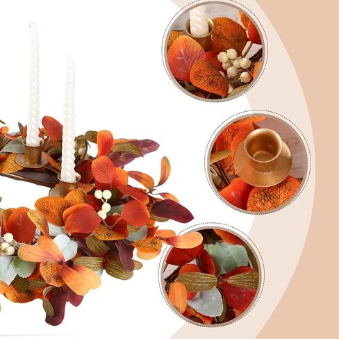 12 inch Fall Candle Wrath Thanksgiving Day Candle 4 Candles Holder with Maple Leaves Pumpkins Wreath Mini Artificial Maple Leaves Candle Wreath for Fall Home Table Decoration Centerpiece in Kuwait