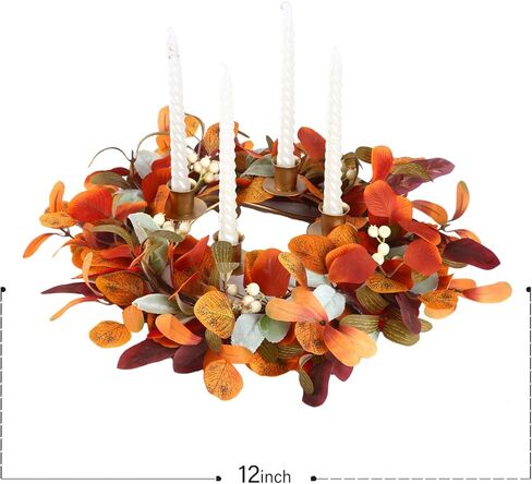 12 inch Fall Candle Wrath Thanksgiving Day Candle 4 Candles Holder with Maple Leaves Pumpkins Wreath Mini Artificial Maple Leaves Candle Wreath for Fall Home Table Decoration Centerpiece in Kuwait