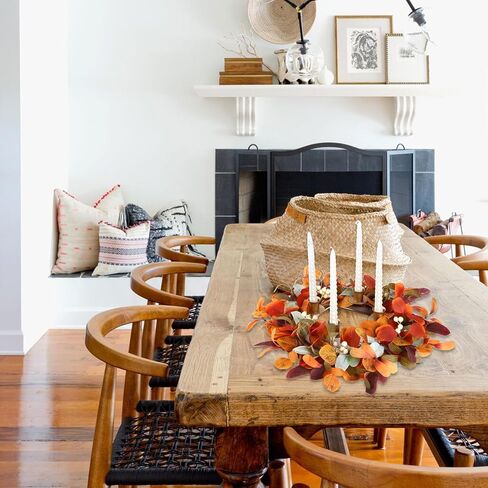 12 inch Fall Candle Wrath Thanksgiving Day Candle 4 Candles Holder with Maple Leaves Pumpkins Wreath Mini Artificial Maple Leaves Candle Wreath for Fall Home Table Decoration Centerpiece in Kuwait