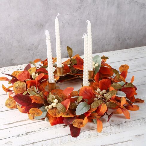 12 inch Fall Candle Wrath Thanksgiving Day Candle 4 Candles Holder with Maple Leaves Pumpkins Wreath Mini Artificial Maple Leaves Candle Wreath for Fall Home Table Decoration Centerpiece in Kuwait