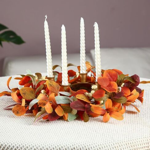 12 inch Fall Candle Wrath Thanksgiving Day Candle 4 Candles Holder with Maple Leaves Pumpkins Wreath Mini Artificial Maple Leaves Candle Wreath for Fall Home Table Decoration Centerpiece in Kuwait