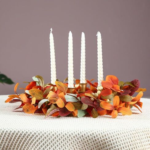12 inch Fall Candle Wrath Thanksgiving Day Candle 4 Candles Holder with Maple Leaves Pumpkins Wreath Mini Artificial Maple Leaves Candle Wreath for Fall Home Table Decoration Centerpiece in Kuwait