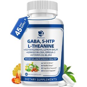 غابا مكملات 750mg مع L theanine ، 5HTP ، Ashwagandha ، بلسم الليمون ، Ginkgo Biloba ، أوميغا 3 ، 10 في 1 كبسولات هادئة GABA للنوم ، الاسترخاء ، التركيز ، دعم المزاج ، توازن الكورتيزول - 90CT in Kuwait