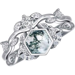 925 Sterling Silver Hexagonal Natural Moss Agate Engagement Ring for Women CZ and Stackable Promise Wedding Rings Jewelry Set for Her in Kuwait