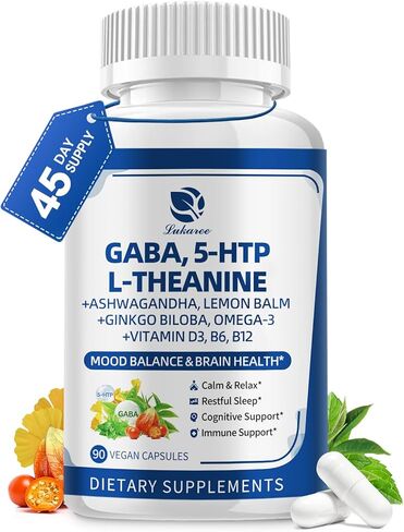 غابا مكملات 750mg مع L theanine ، 5HTP ، Ashwagandha ، بلسم الليمون ، Ginkgo Biloba ، أوميغا 3 ، 10 في 1 كبسولات هادئة GABA للنوم ، الاسترخاء ، التركيز ، دعم المزاج ، توازن الكورتيزول - 90CT in Kuwait
