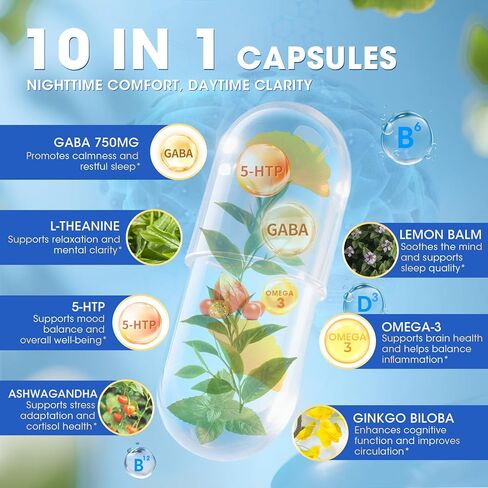 غابا مكملات 750mg مع L theanine ، 5HTP ، Ashwagandha ، بلسم الليمون ، Ginkgo Biloba ، أوميغا 3 ، 10 في 1 كبسولات هادئة GABA للنوم ، الاسترخاء ، التركيز ، دعم المزاج ، توازن الكورتيزول - 90CT in Kuwait