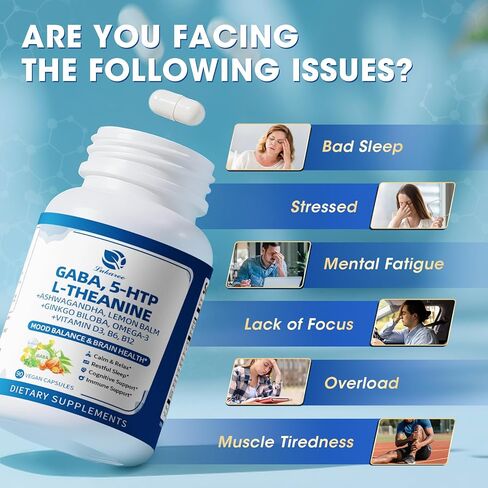 غابا مكملات 750mg مع L theanine ، 5HTP ، Ashwagandha ، بلسم الليمون ، Ginkgo Biloba ، أوميغا 3 ، 10 في 1 كبسولات هادئة GABA للنوم ، الاسترخاء ، التركيز ، دعم المزاج ، توازن الكورتيزول - 90CT in Kuwait