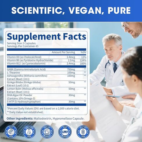 غابا مكملات 750mg مع L theanine ، 5HTP ، Ashwagandha ، بلسم الليمون ، Ginkgo Biloba ، أوميغا 3 ، 10 في 1 كبسولات هادئة GABA للنوم ، الاسترخاء ، التركيز ، دعم المزاج ، توازن الكورتيزول - 90CT in Kuwait