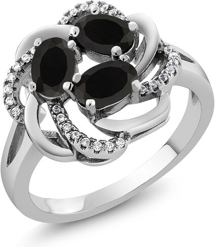 Gem Stone King Flower Blossom Gemstone Birthstone Ring in 925 Sterling Silver | 3-Stone Oval 6X4MM with Sparkling Accents | Wedding Anniversary Engagement Promise Ring for Women | Sizes 5-9 in Saudi Arabia