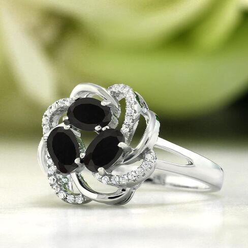 Gem Stone King Flower Blossom Gemstone Birthstone Ring in 925 Sterling Silver | 3-Stone Oval 6X4MM with Sparkling Accents | Wedding Anniversary Engagement Promise Ring for Women | Sizes 5-9 in Saudi Arabia