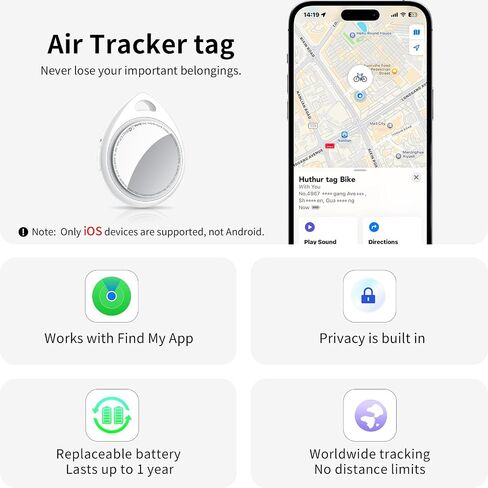 Air Tracker Tags-2 Pack, 5.3 Bluetooth Tracker Work with Apple Find My (iOS Only), 100dB Sound, Smart Tag with Keychain/Lanyard, Item Finder for Luggage/Key/Suitcase, Replaceable Battery, Light White in Saudi Arabia