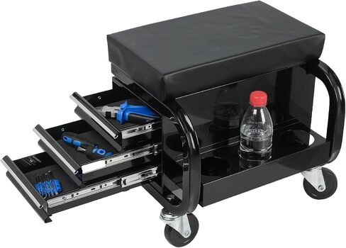 3-Drawer Tool Chest Rolling Mechanic Seat with Wheels & Side Trays, 350lbs Max Weight Capacity, Portable Rolling Tool Chest Creeper for Workshop,Repair Shop,Garage (Black) in Saudi Arabia