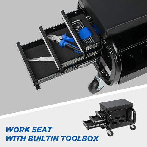 3-Drawer Tool Chest Rolling Mechanic Seat with Wheels & Side Trays, 350lbs Max Weight Capacity, Portable Rolling Tool Chest Creeper for Workshop,Repair Shop,Garage (Black) in Saudi Arabia