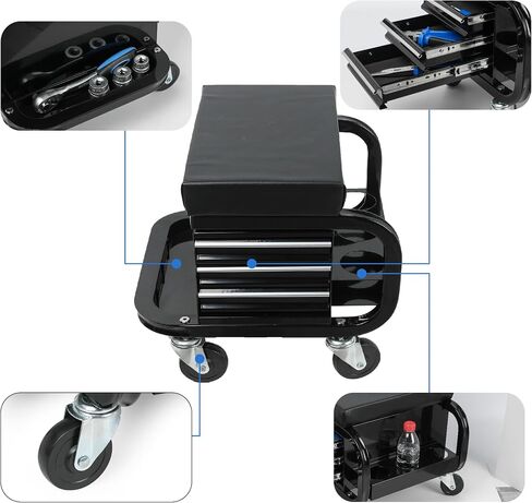 3-Drawer Tool Chest Rolling Mechanic Seat with Wheels & Side Trays, 350lbs Max Weight Capacity, Portable Rolling Tool Chest Creeper for Workshop,Repair Shop,Garage (Black) in Saudi Arabia
