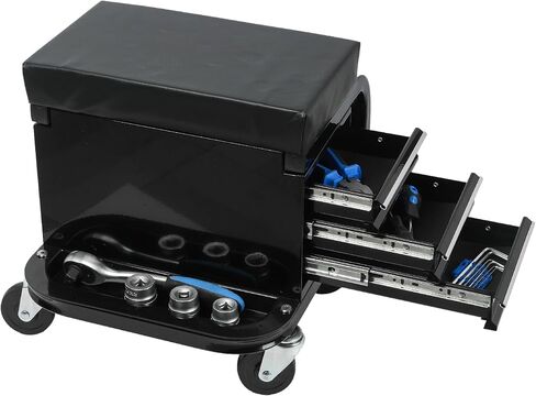 3-Drawer Tool Chest Rolling Mechanic Seat with Wheels & Side Trays, 350lbs Max Weight Capacity, Portable Rolling Tool Chest Creeper for Workshop,Repair Shop,Garage (Black) in Saudi Arabia