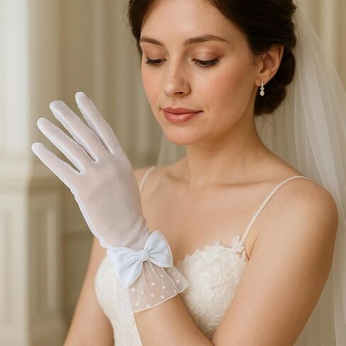 Bow Lace Gloves Women Tea Party Formal Short Tea Party Gloves, Elegant Polka Dots White Glove Women Formal Accessories for Bridal Wedding Evening in Saudi Arabia