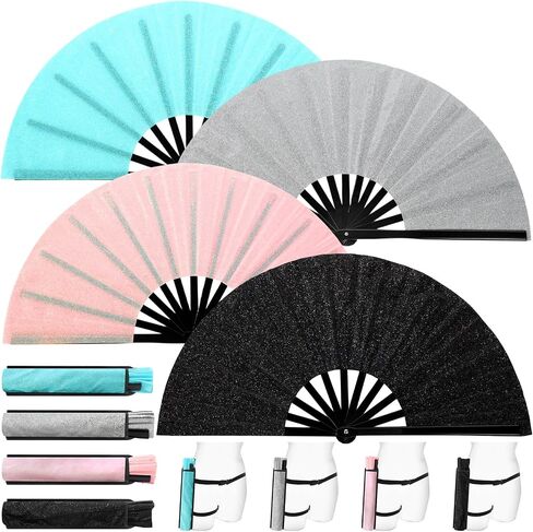 4 Pack Large Rave Fan Folding Shiny Clack Hand Fan with Fabric Case Bag and Leg Strap for Music Festival Dance Club Carnival Disco Party Supplies (Colorful) in Saudi Arabia