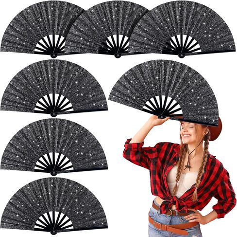 Thyle 6 PCS مروحة قابلة للطي كبيرة لخط الرقص بأحذية كبيرة على الأرض مروحة أسود تفرقع حفلة التصفيق الهدية للديكور ل EDM Festival Club Summer (Western Cowboy) in Saudi Arabia