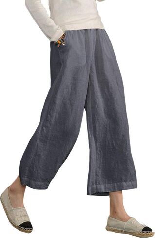 ECUPPER Womens Cotton Cropped Pants Loose Fit Wide Leg Capri Casual Plus Size Elastic Waist Trousers in Saudi Arabia
