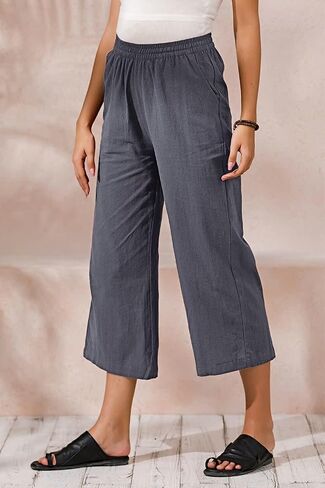 ECUPPER Womens Cotton Cropped Pants Loose Fit Wide Leg Capri Casual Plus Size Elastic Waist Trousers in Saudi Arabia