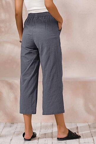 ECUPPER Womens Cotton Cropped Pants Loose Fit Wide Leg Capri Casual Plus Size Elastic Waist Trousers in Saudi Arabia