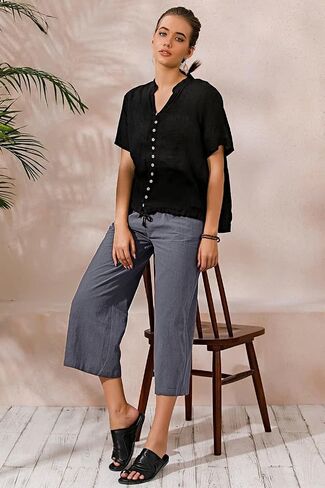 ECUPPER Womens Cotton Cropped Pants Loose Fit Wide Leg Capri Casual Plus Size Elastic Waist Trousers in Saudi Arabia
