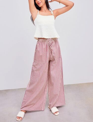 Yeokou Women's Wide Leg Pants Cotton Cotton Mid Rise Rise Disual Long Palazzo بنطلون مع جيوب in Kuwait