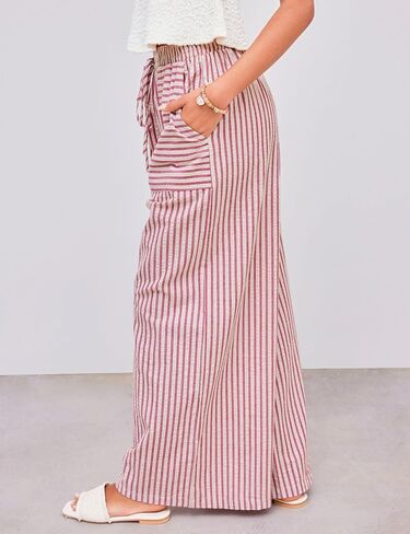 Yeokou Women's Wide Leg Pants Cotton Cotton Mid Rise Rise Disual Long Palazzo بنطلون مع جيوب in Kuwait