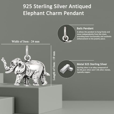 925 Sterling Silver Antiqued Elephant Charm Pendant (L- 0.75 Inch, W- 0.95 Inch) in Saudi Arabia