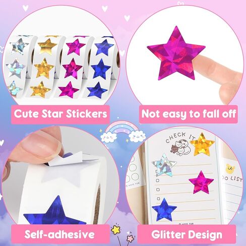 2000 Pcs 8 Color Sparkly Star Stickers, Star Stickers for Kids Reward, Self-Adhesive Metallic Glitter Foil, Ideal for Student Planners and Classroom Supplies, 4 Rolls of Smiley Face Stickers in Kuwait