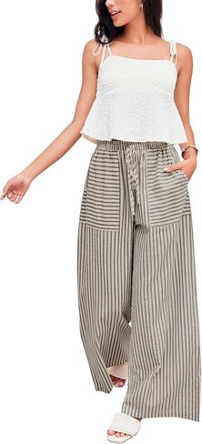 Yeokou Women's Wide Leg Pants Cotton Cotton Mid Rise Rise Disual Long Palazzo بنطلون مع جيوب in Kuwait