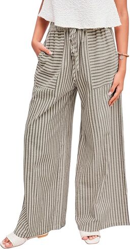 Yeokou Women's Wide Leg Pants Cotton Cotton Mid Rise Rise Disual Long Palazzo بنطلون مع جيوب in Kuwait