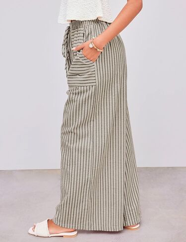 Yeokou Women's Wide Leg Pants Cotton Cotton Mid Rise Rise Disual Long Palazzo بنطلون مع جيوب in Kuwait