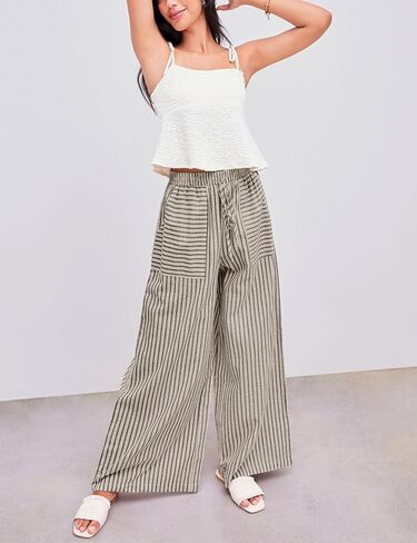 Yeokou Women's Wide Leg Pants Cotton Cotton Mid Rise Rise Disual Long Palazzo بنطلون مع جيوب in Kuwait