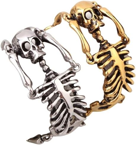 Gold Silver Skeleton Skull Bracelet | Unique Halloween Punk Gothic Jewelry | Gift for Him | Unisex Accessories | Titanium Steel Metal in Kuwait