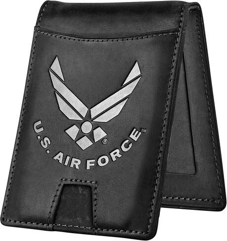 Air Force Black Crazy Horse Leather Bi -Fold حامل مع مقطع مالي - محفظة سوداء Air Force in Kuwait