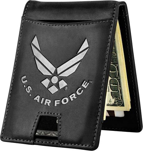 Air Force Black Crazy Horse Leather Bi -Fold حامل مع مقطع مالي - محفظة سوداء Air Force in Kuwait