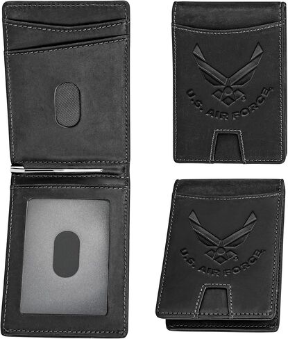 Air Force Black Crazy Horse Leather Bi -Fold حامل مع مقطع مالي - محفظة سوداء Air Force in Kuwait