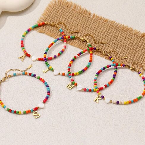 أساور الكاحل للنساء مصنوعة يدويًا أساور الكاحل من الكاحل المبدئيات الأولية للأساور في الكاحل بذرة مخرطة للخرز في سن المراهقة ، والخرز القابل للتعديل ، والخرز الملون ، الهدايا الصيفية ، هدية المجوهرات الصيفية (ل) in Kuwait