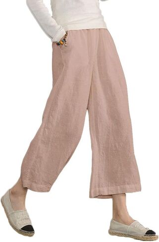 ECUPPER Womens Cotton Cropped Pants Loose Fit Wide Leg Capri Casual Plus Size Elastic Waist Trousers in Saudi Arabia